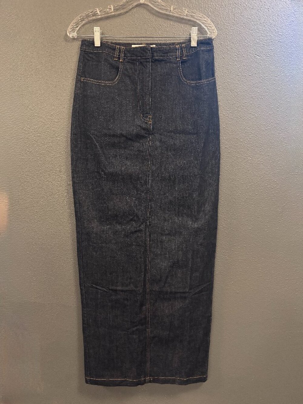 Amanda Uprichard raw-hem denim column maxi skirt.